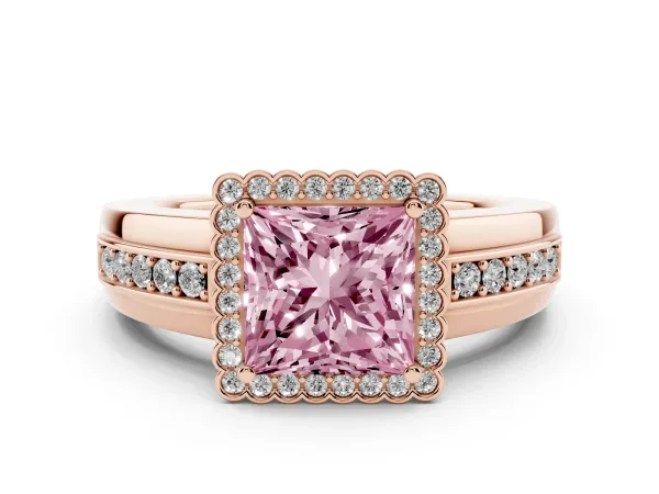Fancy Pink Princess Cut Cut Halo Pave Band Four-Prong Ring Rose gold