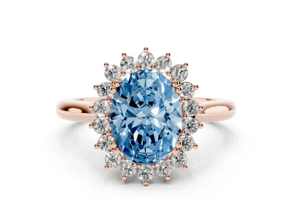 Fancy Blue Oval Cut Cut Diamond Halo Ring with Solitaire Band and Prong Setting Rose gold