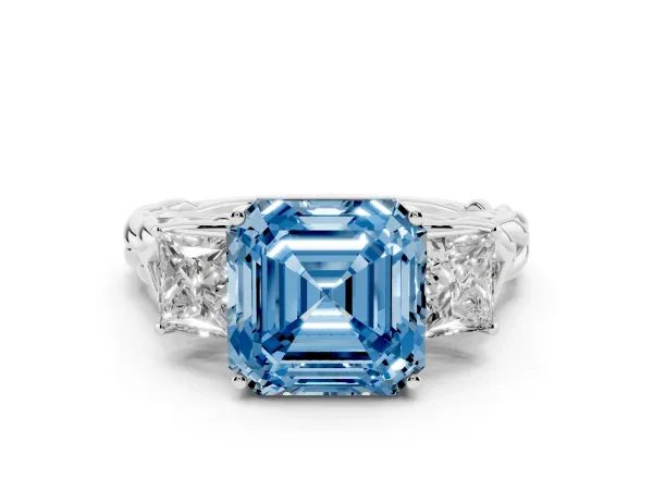 Fancy Blue Three-Stone Asscher Cut Diamond Braided Band Ring with Four-Prong Setting Platinum