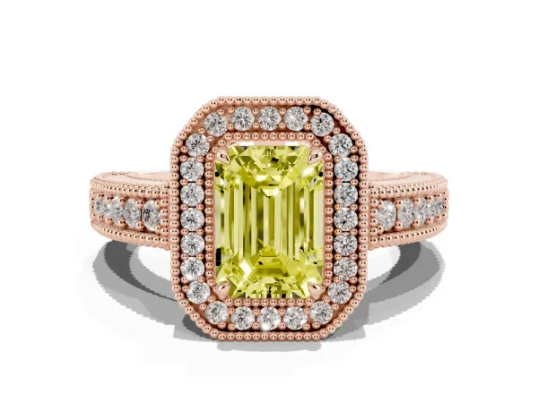Fancy Yellow Emerald Cut Cut Halo Diamond Ring with Pavé Band and Four-Prong Setting Rose gold
