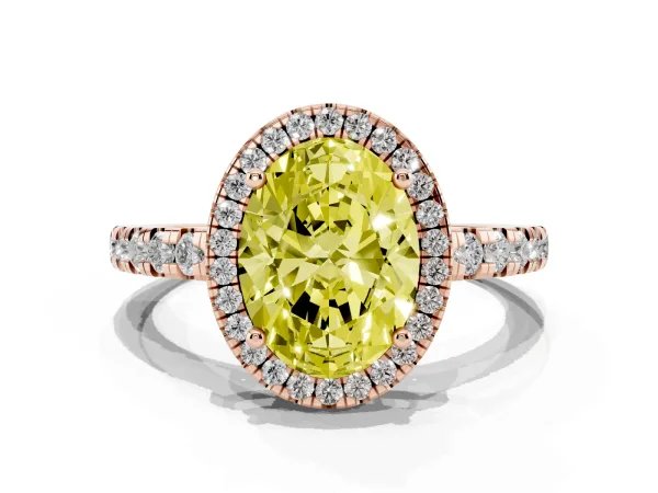 Fancy Yellow Oval Cut Diamond Halo Ring with Pavé Band and Four-Prong Setting Rose gold