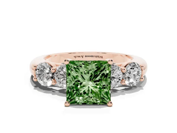 Fancy Green Princess Cut Cut Five-Stone Prong Set Diamond Ring with Classic Band Rose gold