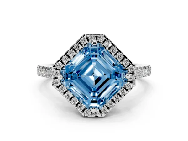 Fancy Blue Asscher Cut Diamond Cushion Halo Ring with Pavé Band Platinum