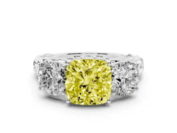 Fancy Yellow Three-Stone Cushion Cut Diamond Braided Band Ring with Four-Prong Setting Platinum