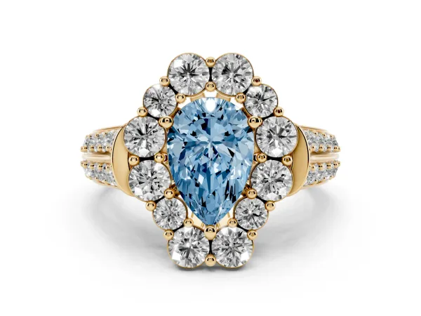 Fancy Blue Pear Cut Halo Diamond Engagement Ring with Split Shank and Prong Setting Yellow gold