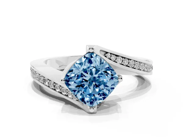 Fancy Blue Cushion Cut Solitaire Diamond Twist Band with Pavé Setting and Four-Prong Setting Platinum