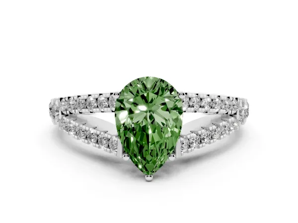 Fancy Green Pear Cut Diamond Split Shank Pavé Engagement Ring with Four-Prong Setting White gold