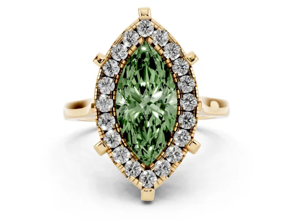 Fancy Green Marquise Cut Diamond Cluster Halo Solitaire with Four-Prong Setting Yellow gold