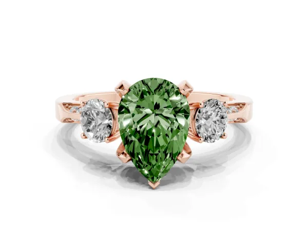 Fancy Green Pear Cut Brilliant Three-Stone Diamond Ring with Pavé Band and Four-Prong Setting Rose gold