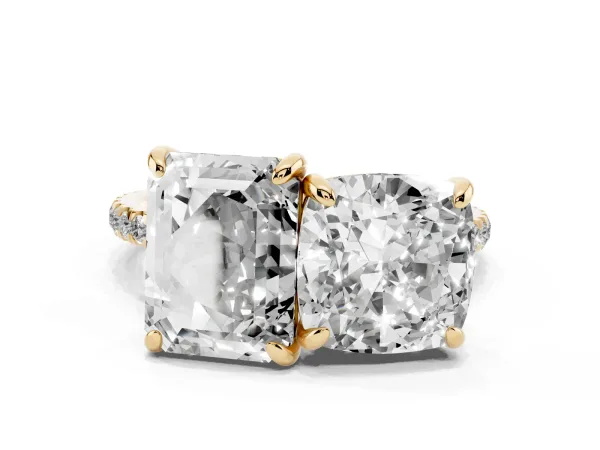 Cushion and Emerald Toi Moi Ring with Prong Setting and Micro Pave Band Yellow gold