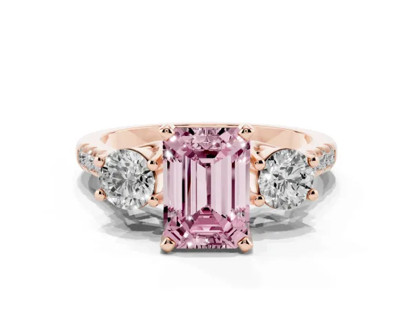 Fancy Pink Three-Stone Emerald Cut Diamond Pavé Band with Four-Prong Setting Rose gold