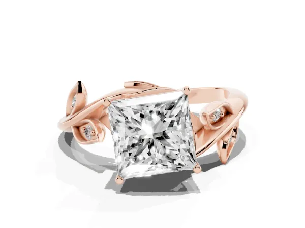 Princess Cut Solitaire Twist Engagement Ring with Leaf Accents and Prong Setting Rose gold