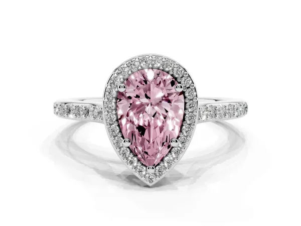 Fancy Pink Pear Cut Diamond Halo Engagement Ring with Round Pavé Shoulders and Prong Setting White gold