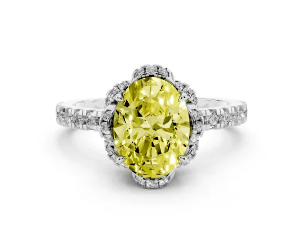 Fancy Yellow Oval Cut Halo Diamond Pave Band Ring with Four-Prong Setting White gold
