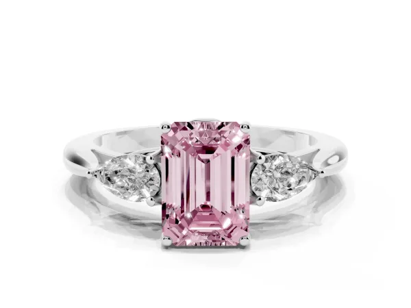 Fancy Pink Three-Stone Emerald Cut Brilliant Diamond Solitaire Ring with Tapered Band and Four-Prong Setting White gold