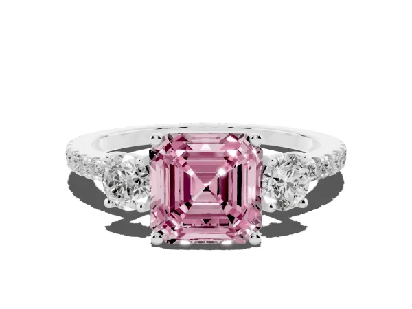 Fancy Pink Three-Stone Asscher Cut Cut Diamond Pavé Band with Prong Setting White gold