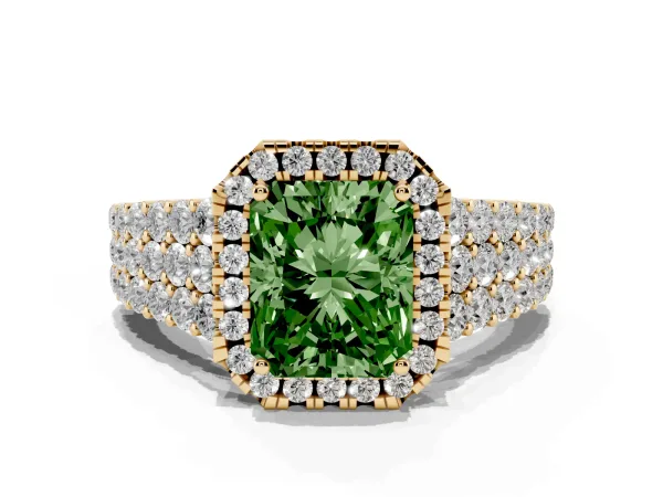 Fancy Green Radiant Cut Diamond Halo Engagement Ring with Triple Row Round Pavé Band and Prong Setting Yellow gold