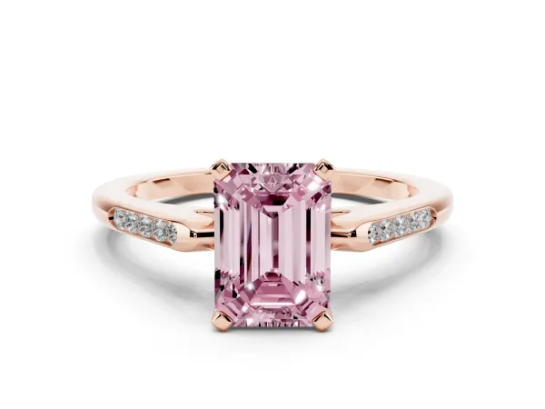 Fancy Pink Emerald Cut Diamond Solitaire Ring with Channel Set Round Band and Prong Setting Rose gold