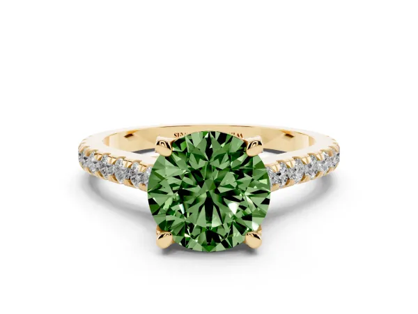 Fancy Green Round Cut Brilliant Diamond Solitaire with Pavé Band and Four-Prong Setting Yellow gold