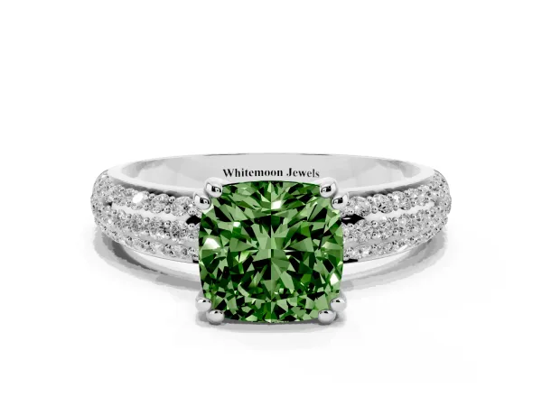 Fancy Green Cushion Cut Diamond Solitaire Ring with Multi-Row Round Pavé Band and Prong Setting Platinum