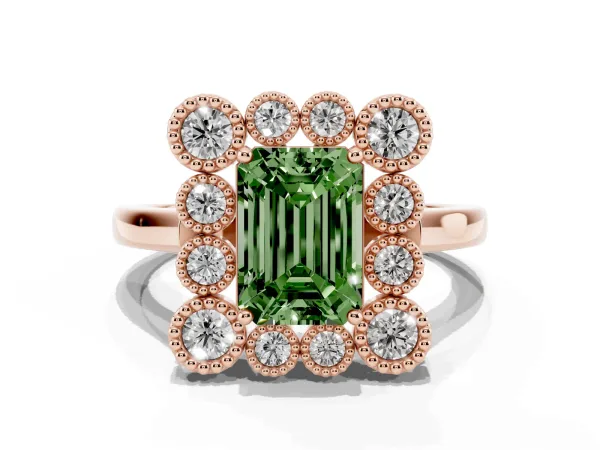 Fancy Green Emerald Cut Halo Diamond Cluster Engagement Ring with Milgrain Bezel Setting and Solitaire Band Rose gold