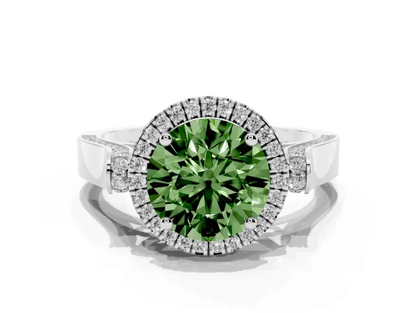 Fancy Green Round Cut Halo Round Diamond Twist Band with Four-Prong Setting Platinum