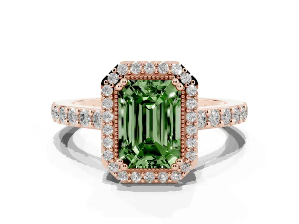 Fancy Green Emerald Cut Cut Diamond Halo Engagement Ring with Milgrain Detail and Pavé Band Rose gold