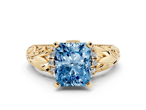 Fancy Blue Radiant Cut Solitaire Filigree Engagement Ring with Halo and Prong Setting Yellow gold