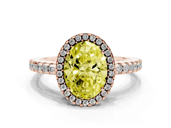 Fancy Yellow Oval Cut Diamond Halo Engagement Ring with Pavé Band and Prong Setting Rose gold