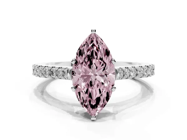Fancy Pink Marquise Cut Cut Solitaire Diamond Engagement Ring with Pave Band and Four-Prong Setting White gold