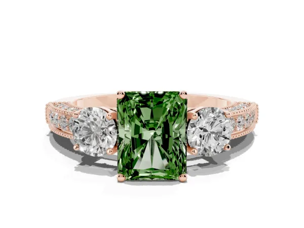 Fancy Green Radiant Cut Three-Stone Diamond Ring with Pavé Band and Four-Prong Setting Rose gold