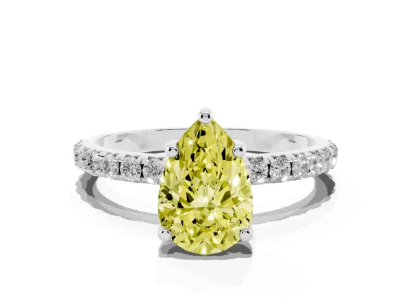 Fancy Yellow Pear Cut Cut Diamond Solitaire Ring with Micro Pave Band and Four Prong Setting Platinum