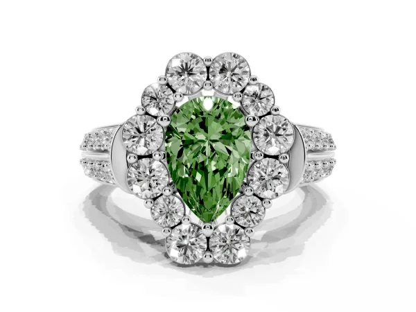 Fancy Green Pear Cut Halo Diamond Engagement Ring with Split Shank and Prong Setting Platinum