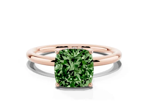 Fancy Green Cushion Cut Solitaire Diamond Ring with a Classic Band and Four-Prong Setting Rose gold