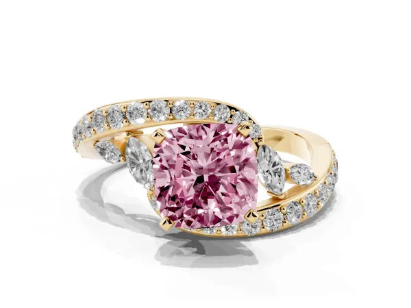 Fancy Pink Cushion Cut Diamond Solitaire Ring with Filigree Band and Four-Prong Setting Yellow gold