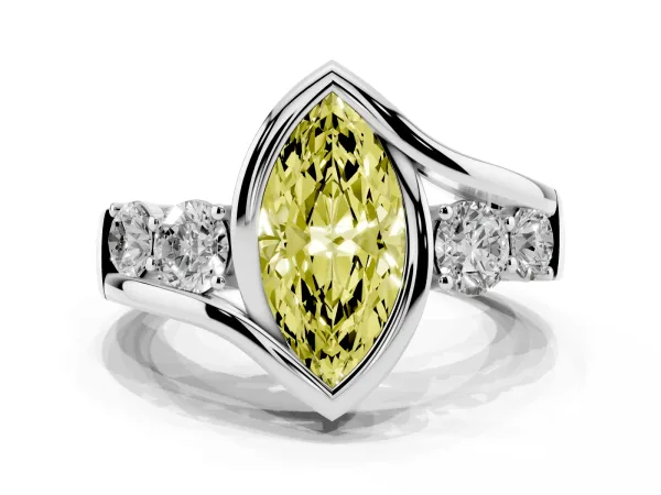 Fancy Yellow Bezel Set Marquise Cut Diamond Bypass Ring with Round Accents Platinum