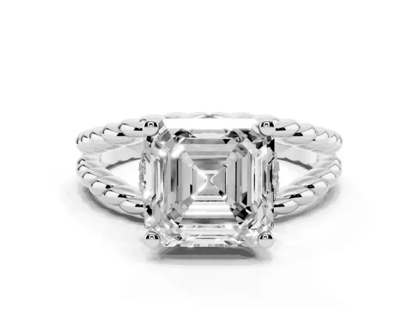 Asscher Cut Halo Twisted Band Four-Prong Ring White gold