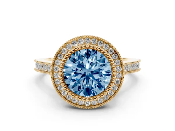 Fancy Blue Round Cut Diamond Halo Ring with Milgrain Frame and Pavé Band Yellow gold
