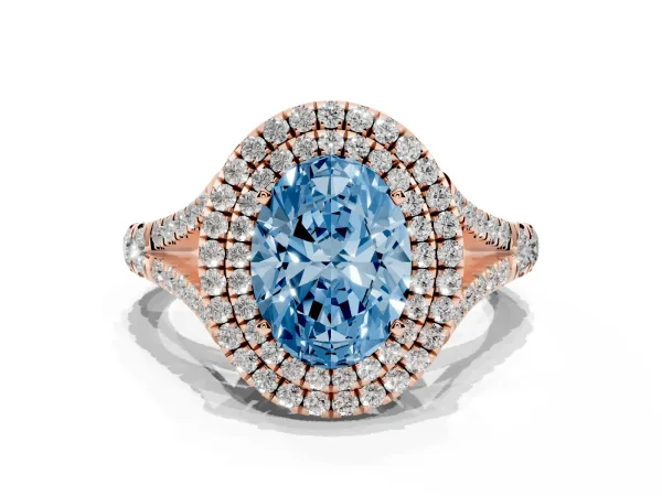 Fancy Blue Oval Cut Cut Double Halo Split Shank Diamond Ring with Prong Setting Rose gold