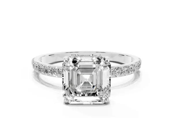 Asscher Cut Diamond Solitaire Ring with Round Pavé Shoulders and Prong Setting Platinum