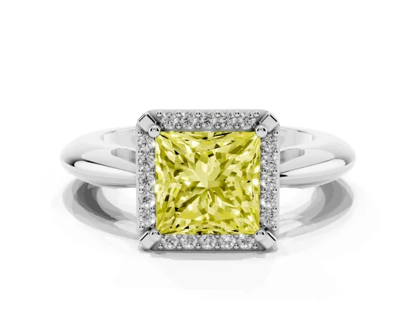 Fancy Yellow Princess Cut Cut Diamond Halo Engagement Ring with Split Shank and Four-Prong Setting White gold