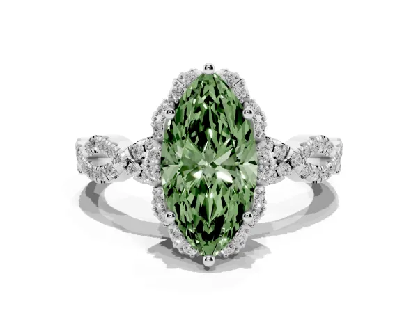 Fancy Green Marquise Cut Halo Twist Band Solitaire Ring with Six-Prong Setting White gold