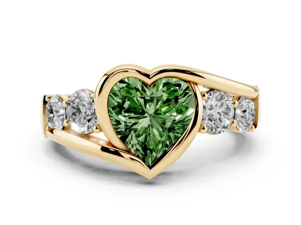 Fancy Green Bezel Set Heart Cut Diamond Bypass Ring with Round Accents Yellow gold