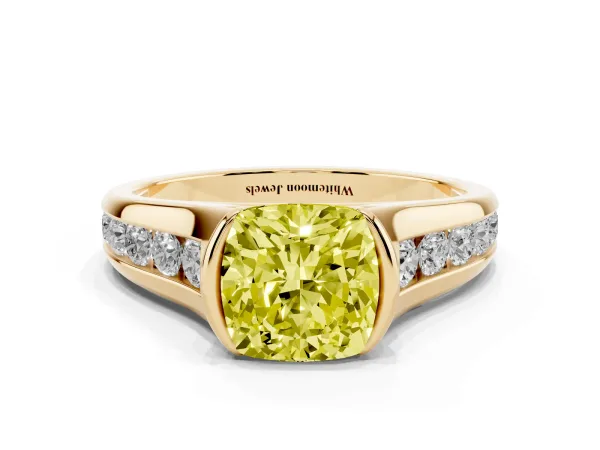 Fancy Yellow Cushion Cut Solitaire Bezel-Set Diamond Ring with Channel-Set Band Yellow gold