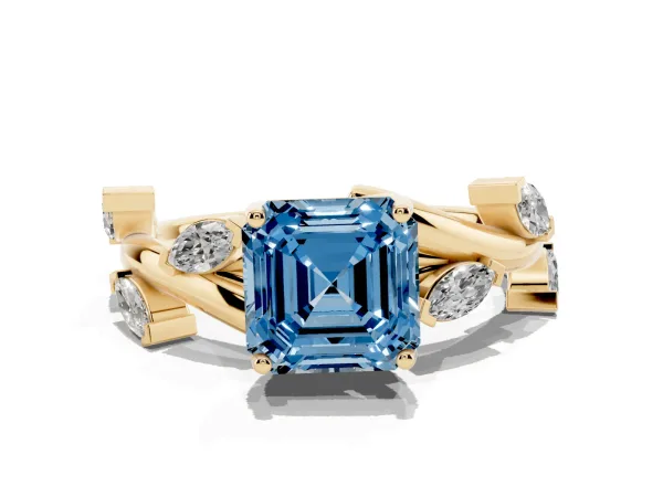 Fancy Blue Asscher Cut Solitaire Twisted Band Marquise Accent Prong Setting Ring Yellow gold