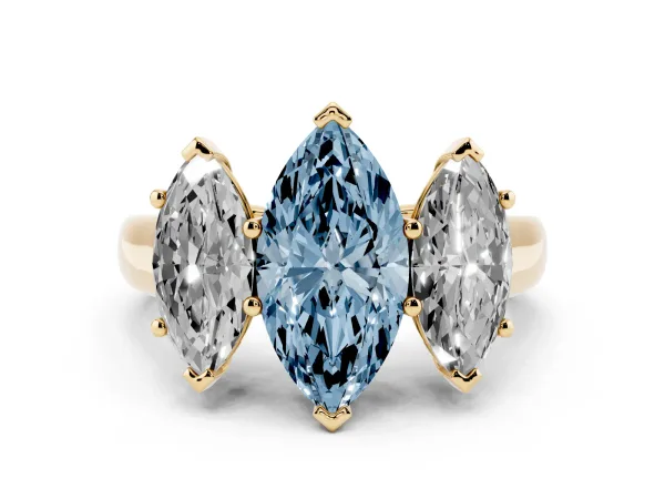 Fancy Blue Marquise Cut Three-Stone Diamond Ring with Prong Setting on a Classic Band Yellow gold
