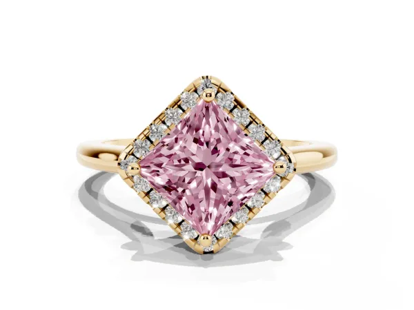 Fancy Pink Princess Cut Halo Round Diamond Solitaire Engagement Ring with Pave Band and Four-Prong Setting Yellow gold