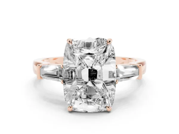 Old Mine Elongated Cushion Diamond with Side Tapered Baguette Three Stone Ring Rose gold