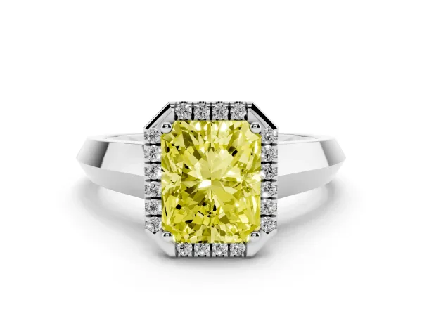 Fancy Yellow Radiant Cut Halo Diamond Ring with Cathedral Band and Four-Prong Setting White gold