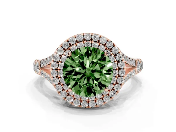 Fancy Green Round Cut Diamond Double Halo Ring with Split Shank and Prong Setting Rose gold